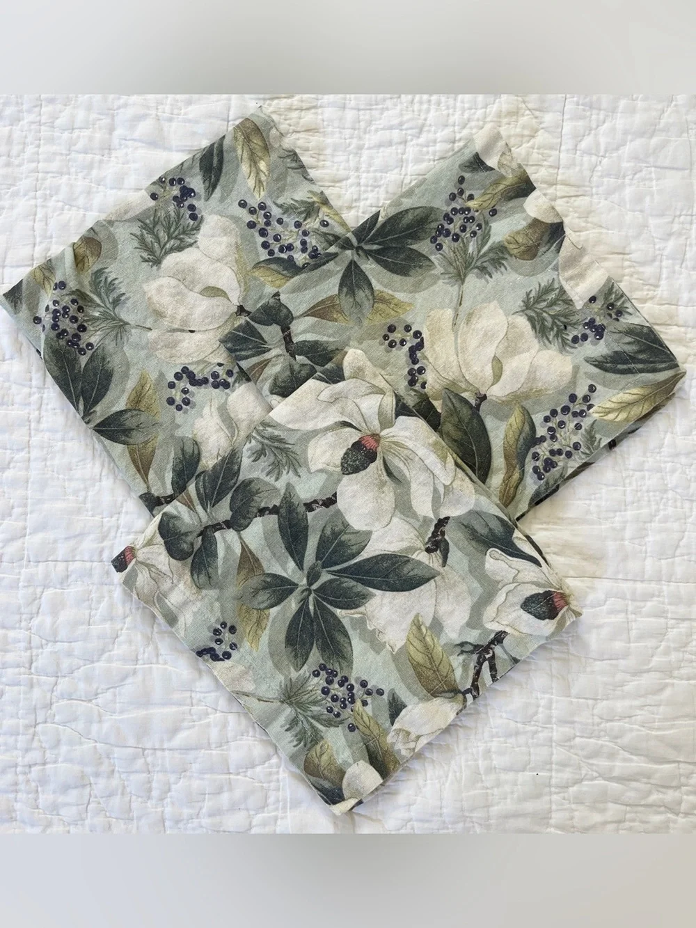 x3 Pottery Barn MAGNOLIA Linen Cotton Dinner Napkins 20” Botanical Green Ivory